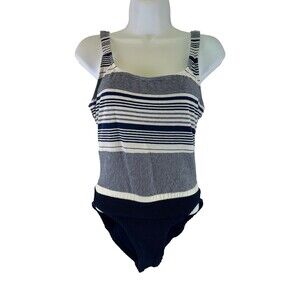 Jantzen One Piece Swimsuit Navy White Striped High Cut Tank Scoop Back Womens 12